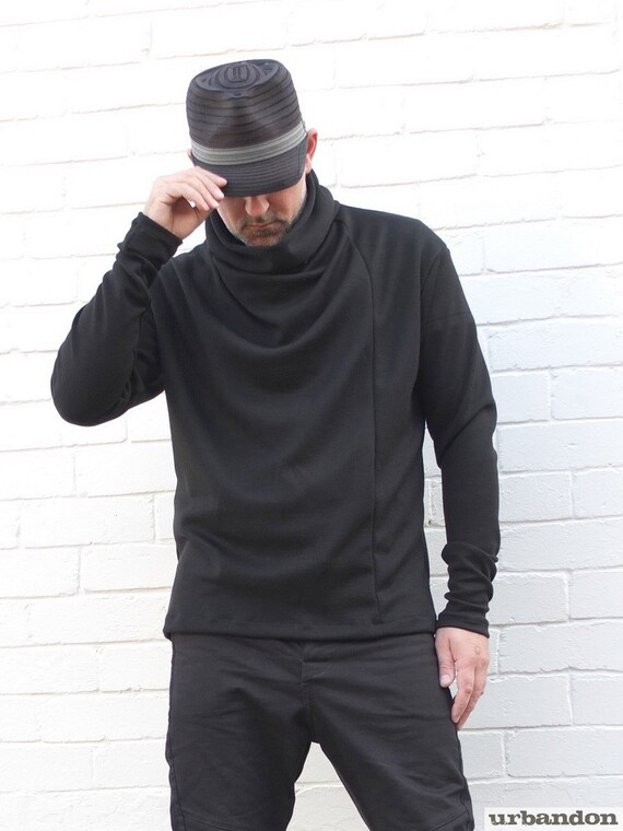 Mens Black Jumper. Draped front and cowl neck jumper.