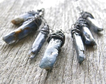 Summer Sale 20% Off Kyanite Necklace, Blue Stone Pendant Necklace, Rough Cut Gem Fringe Necklace