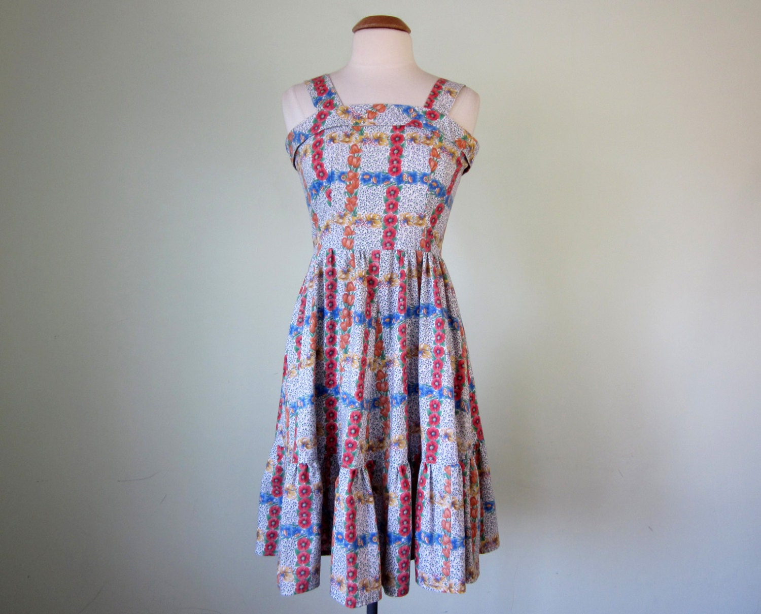 70s sundress / floral print cotton sleeveless fitted waist