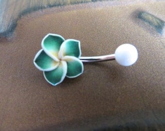 Belly Button Ring, Green Hawaiian Flower Belly Button Ring Hawaii Plumeria Navel Stud Jewelry Bar Barbell Piercing Tropical Hibiscus