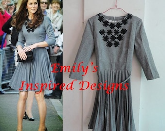 Kate Middleton Gray black lace pleated skirt dress