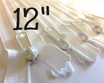SALE - Five white 12 inch YKK Handbag zippers with extra long pull - YKK white color 501