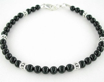 Black Onyx Bracelet with Sterling Silver Accents in Small to Plus Sizes - 7, 8, 9, or 10 inches