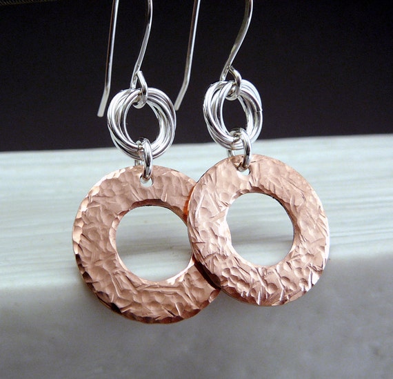Hammered Copper Earrings Mixed Metal Earrings Copper and