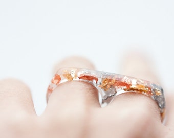 Two Finger Resin Ring Gold and Silver Flakes Double Ring OOAK rose gold modern minimalist resin jewelry