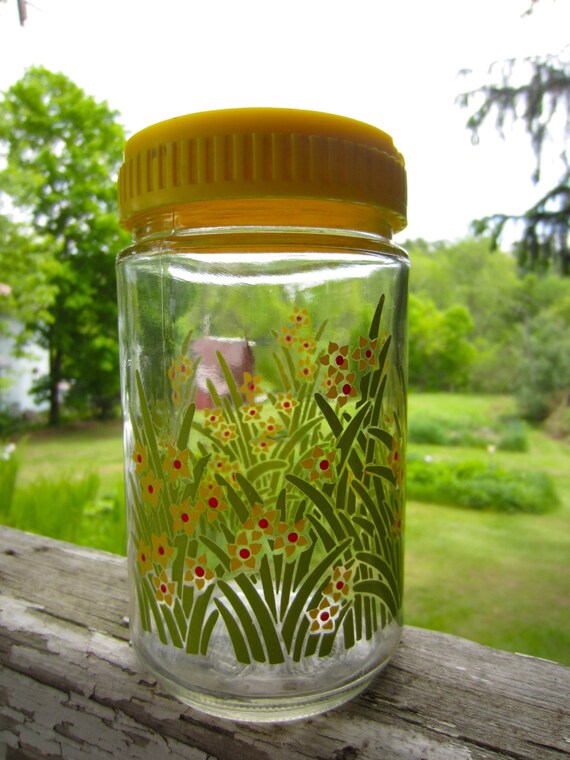 Vintage Daffodil Glass Jars with Plastic Flip Top Lid Bright