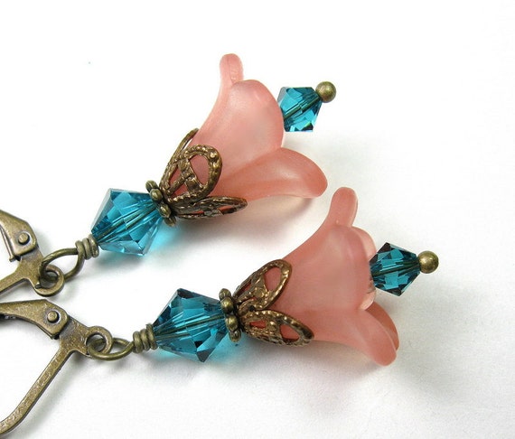 Salmon and Blue Zircon Flower Earrings, Beaded, Dangle, Gifts for Gardeners, Pastel, Peach, Floral Jewelry, Gifts for Mom, Two Tone Earrings