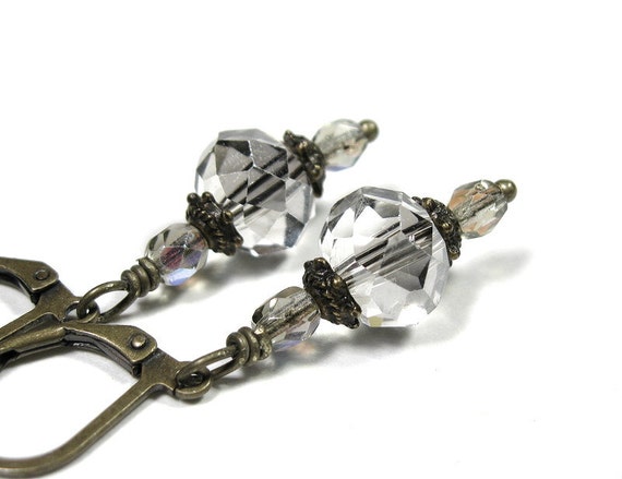Platinum Ice, Victorian Style, Czech Glass, Dangle Earrings, Vintage Style, Antiqued Brass, For Her, Womens Accessories, Fashion Jewelry