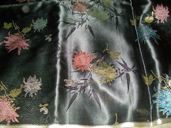 Vintage Black Chinese Silk Fabric Woven Floral by find4you