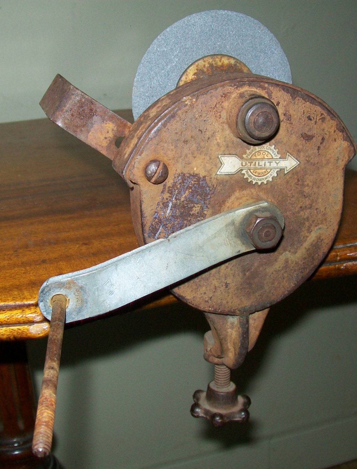 hand crank sharpening grinder - vintage hand crank bench grinder