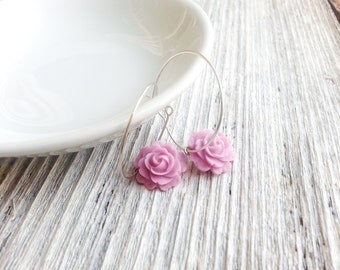 Rose Hoop Earrings Botanical Jewelry Mauve Pink Cabbage Rose Silver Sleeper Hoops Minimalist Botanical Bridal Flower Delicate Naturalist