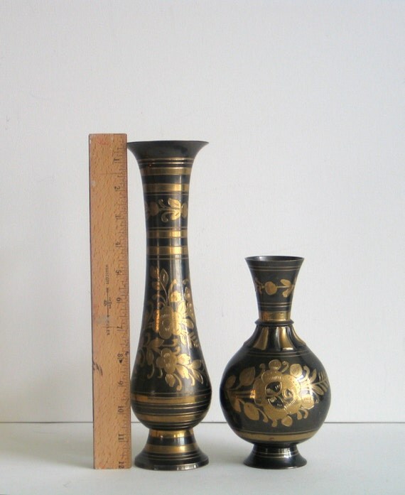 Two Large Brass Etched Vases Etched Vase Set Brass Vases