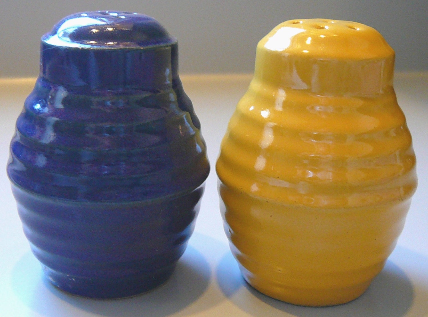 Bauer Pottery Ring Salt & Pepper Shakers Blue and Yellow Haute Juice