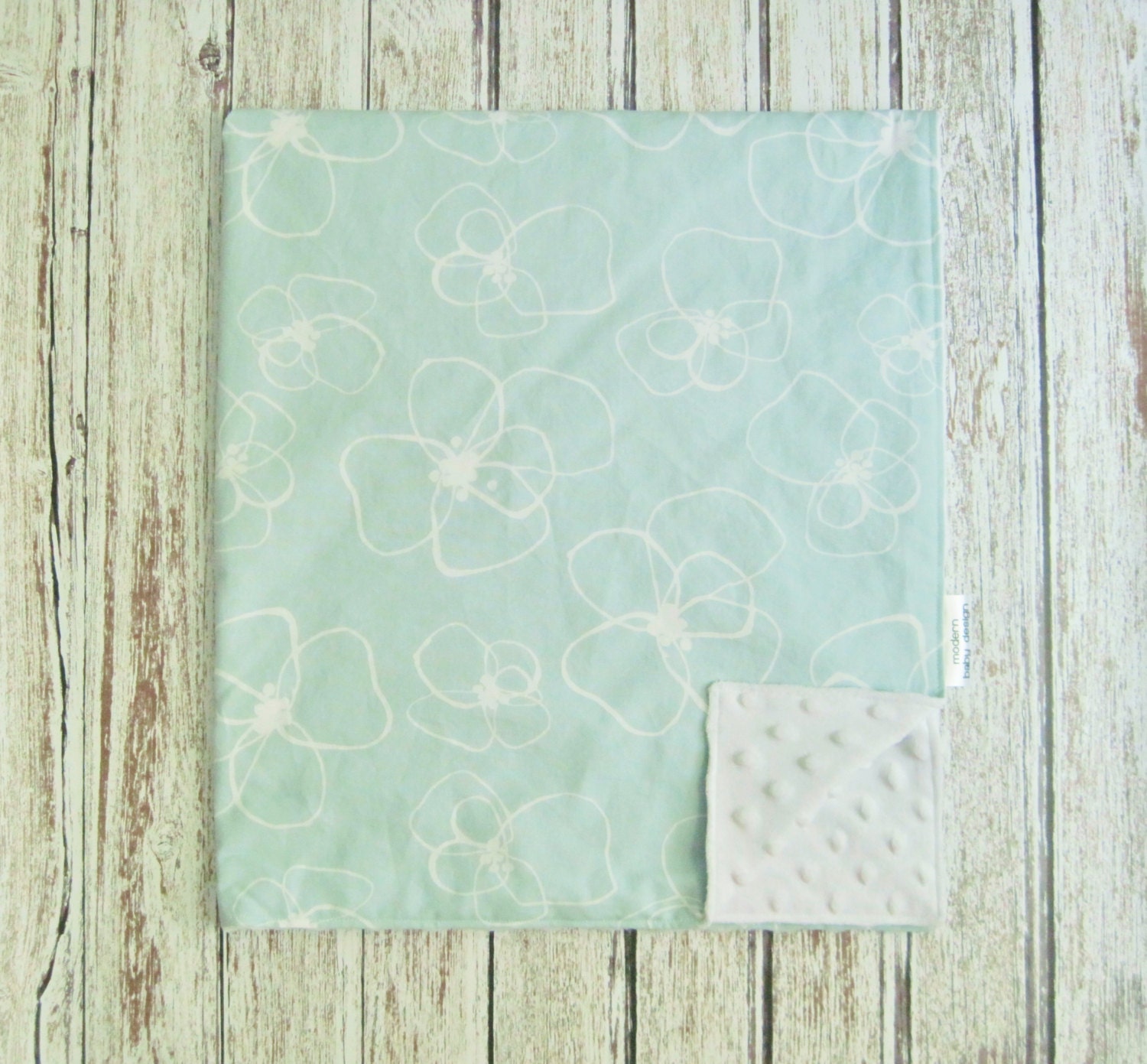 Pale Blue Baby Blanket with White Minky Back Aqua Flower Baby
