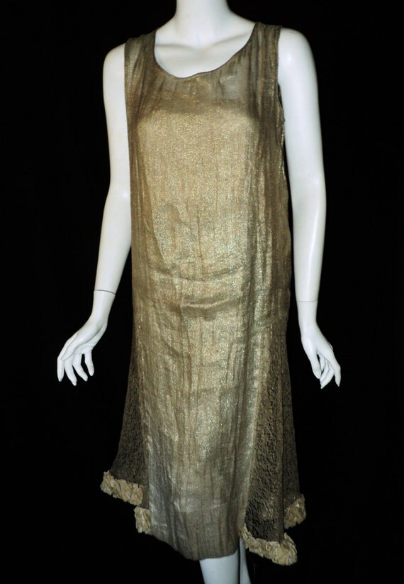 1920s Silver Lame Flapper Drop Waist Dress with Metallic