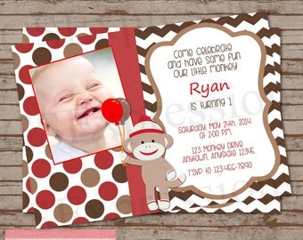 Sock Monkey Photo Birthday Party Invitation