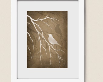 Bird on Branch Earth Brown Home Decor, 5 x 7 Bird Wall Art Print, Tree Branch Art, Natural Colors (94)