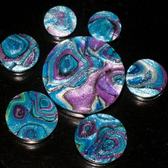 Set of Graduated Coin Beads Faux Abalone Paua Shell Purple, Blue and Green Polymer Clay