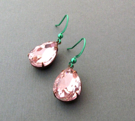 Pink Rhinestone Earrings Pink and Green by laurenblythedesigns