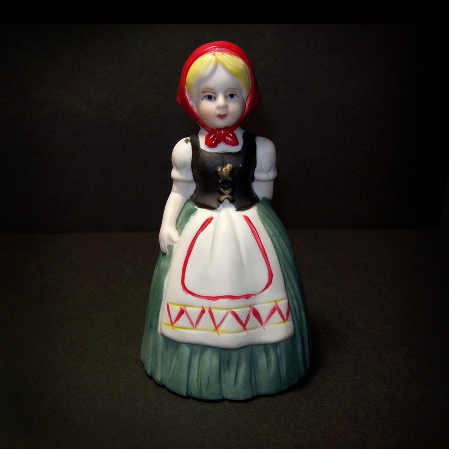 Vintage Swiss Girl Ceramic Bell / 1960s Painted Ceramic Girl