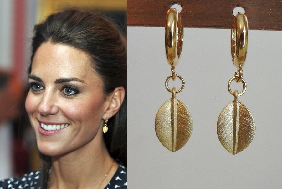 Kate Middleton Gold Leaf Hoop Charm Dangle Earrings