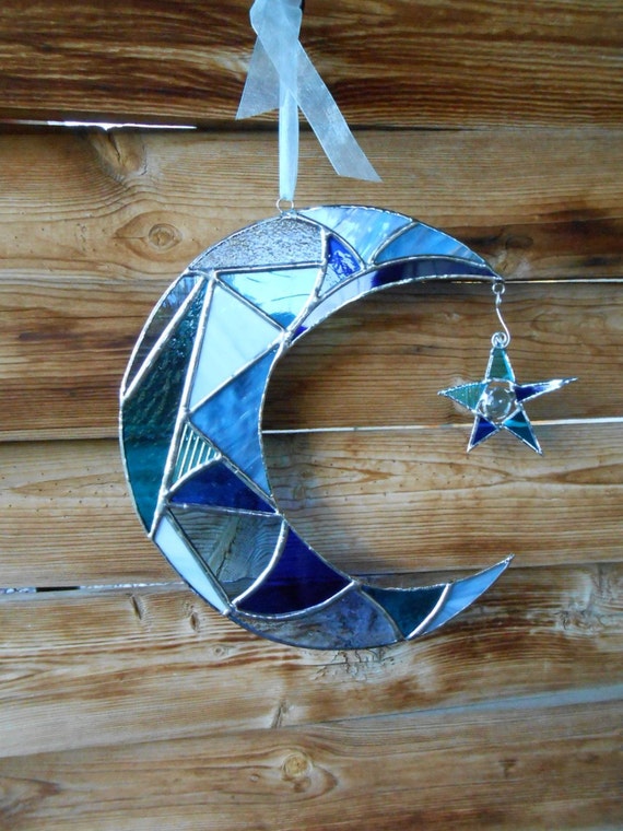 Stained Glass Moon And Star Blue Suncatcher By Desertgirlglass