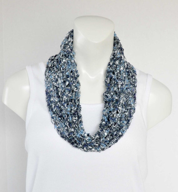 Crochet Ladder Yarn Infinity Cowl Scarf Indigo Blue Silver