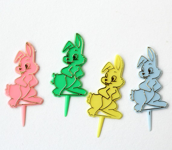 Retro Bunny Cupcake Picks (12) - Easter, Spring Cupcakes Il_570xn