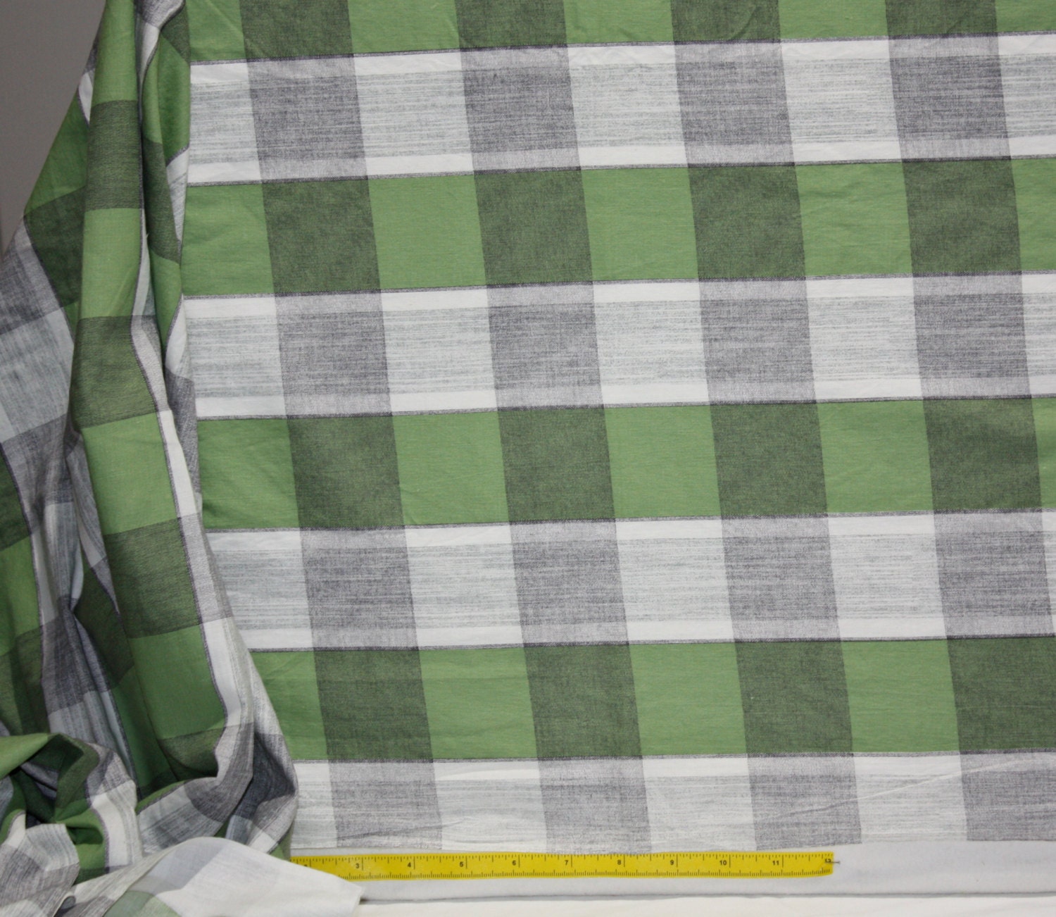 2 yd x 36 wide Vintage Green White and Gray Plaid Print