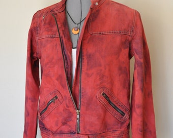 Red Medium Denim JACKET - Scarlet Red Hand Dyed Upcycled Old Navy Denim Trucker Jacket - Adult Womens Size 16 Juniors Medium (38" chest)