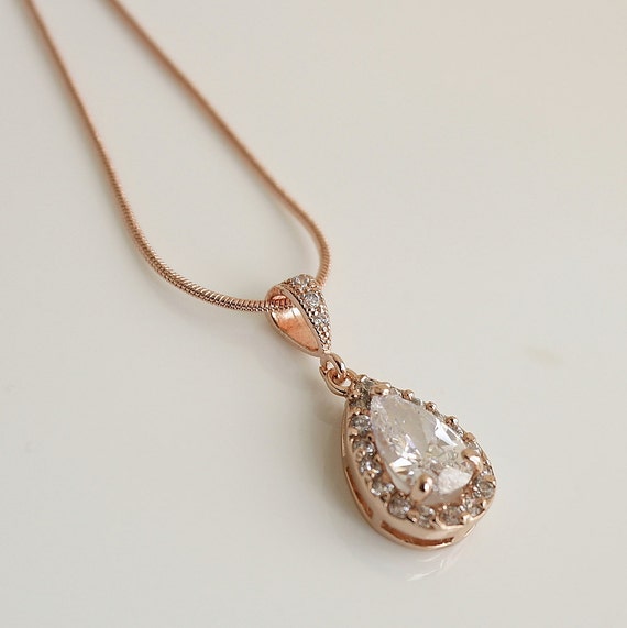 Rose Gold Wedding Jewelry Bridal Necklace Clear Cubic Zirconia Small