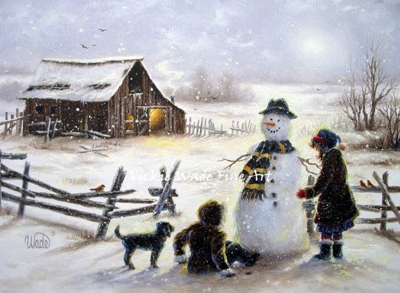 Snowman Art Print snowman paintings two sisters two