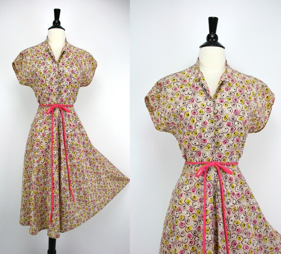 Vintage 40s Dress Amoeba Flowers Flared Skirt Button & Loop
