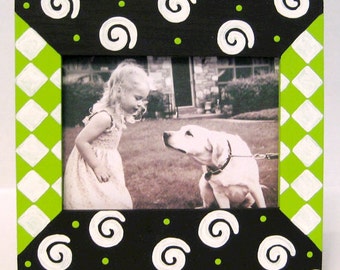 3x5 Picture Frame Hand Painted in Black White and Lime Green , Nursery Decor , Kids Bedrooms , Shower Favors, Wedding Frames , Whimsical
