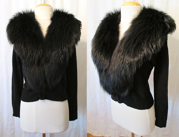 Reserved 1950's Black Cashmere Sweater with Fox Fur Collar