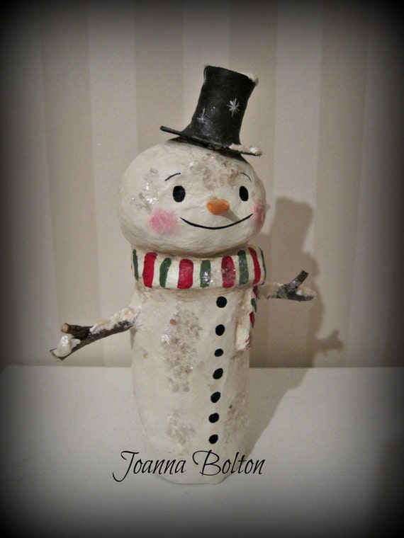 Christmas Snowman paper mache folk art OOAK art doll