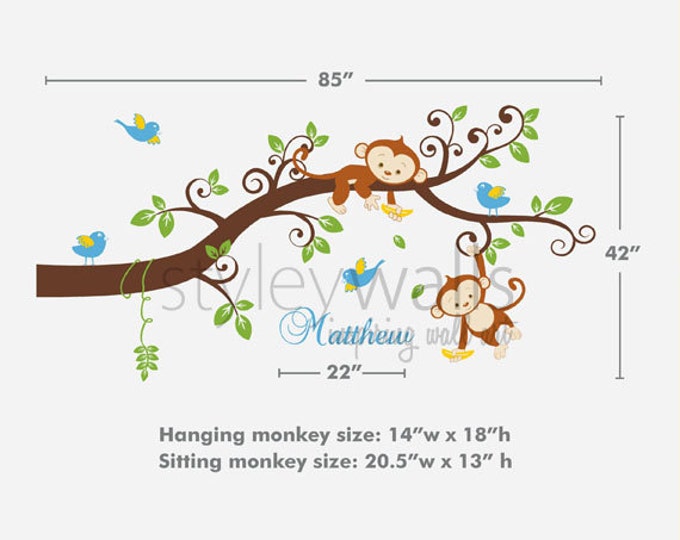 Monkey Tree Wall Decal, Monkey Branch Wall Decal, Personalized Custom Name Wall Decal, Monkey Tree Wall Decal Kids Baby Nursery Decor
