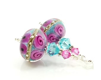 Pink Earrings, Lampwork Earrings, Glass Earrings, Glass Bead Earrings, Beadwork Earrings, Glass Bead Jewelry, Unique Earrings, Blue Earrings