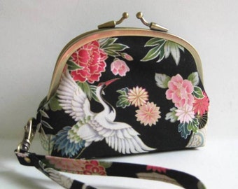 Double Frame Wristlet in Black with Japanese Cranes and Flowers