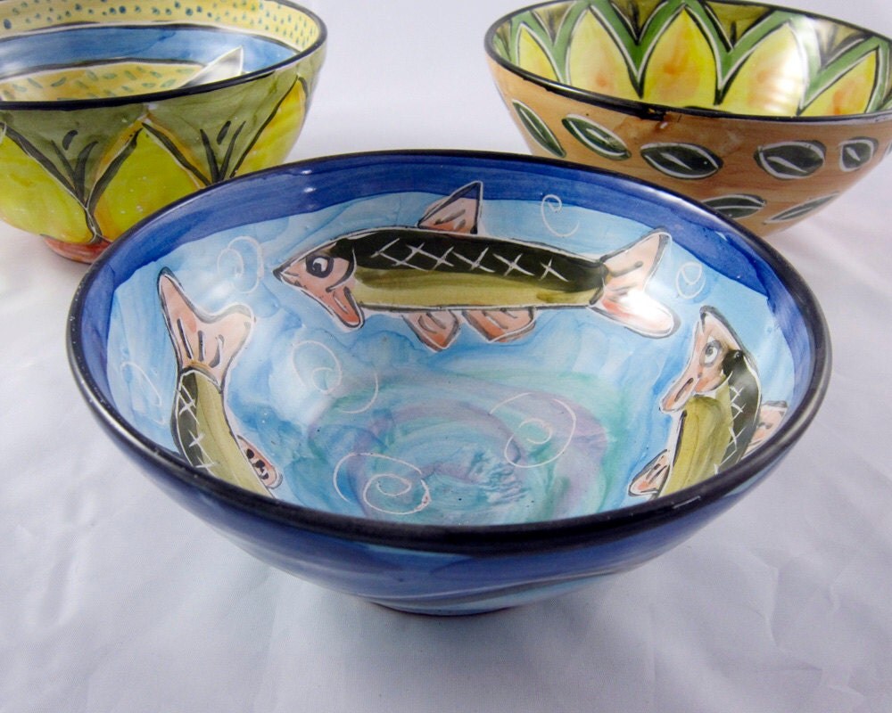 Ceramic Serving Bowl Fish Pottery on Blue Majolica Clay