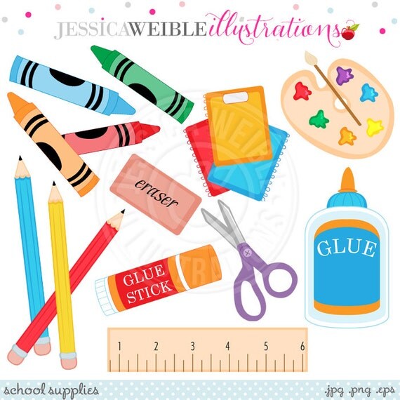 School Supplies Cute Digital Clipart - Commercial Use OK - School Clipart, Crayon Clipart, School Graphics Il_570xn