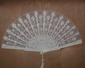 Vintage White Folding Fan with Embroidery