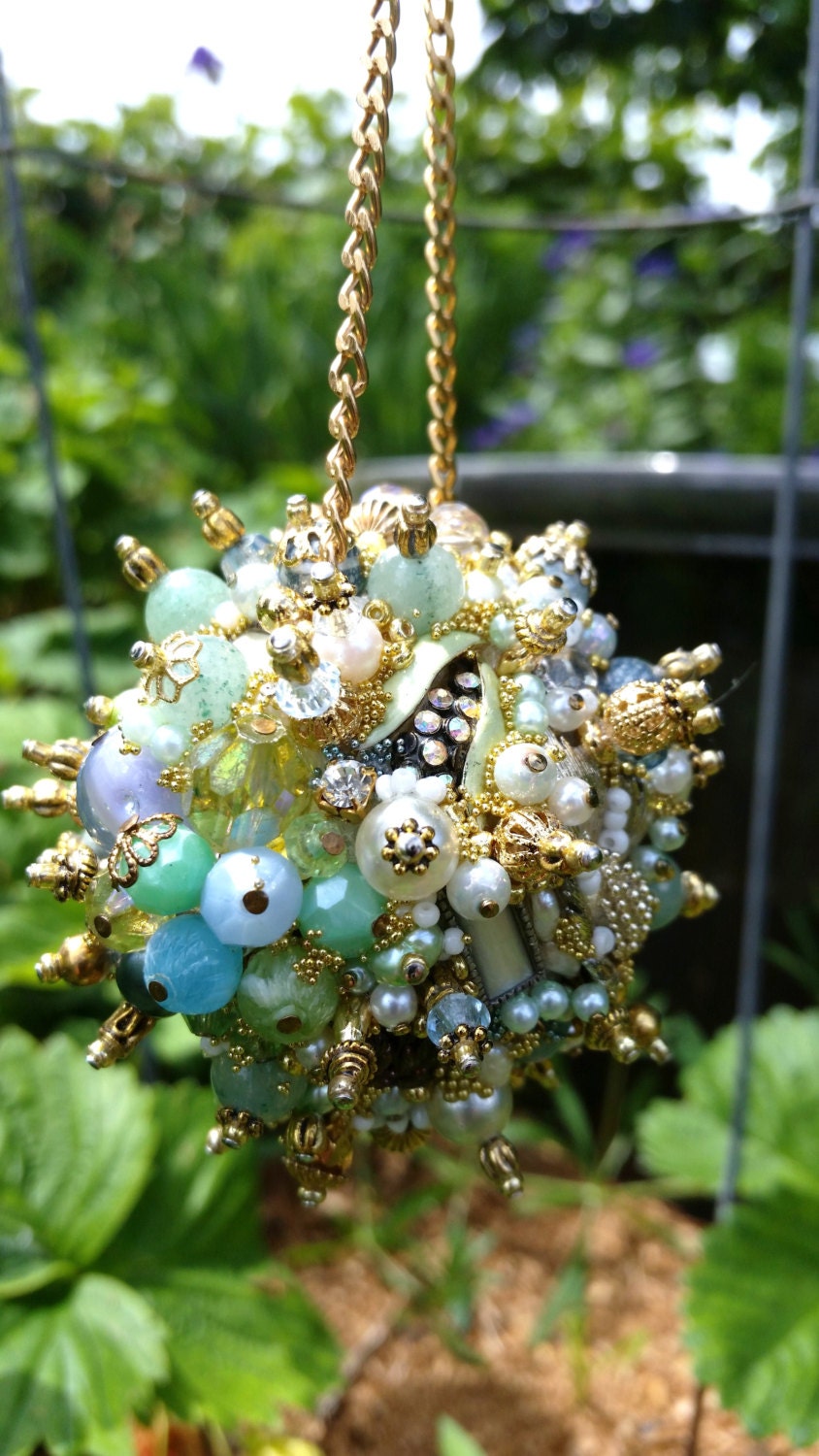 Ornament Bejeweled Pale Blue Peridot Gold Art Piece OOAK Vintage Jewelry Assemblage