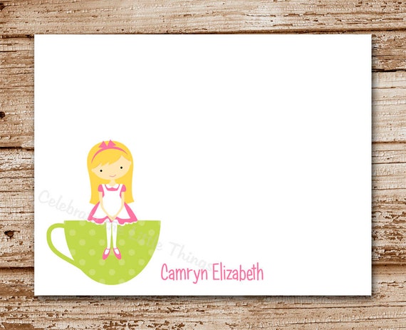 Set of 8 Tea Cup Note Cards for Girls / Personalized Stationery / Tea Party Il_570xn
