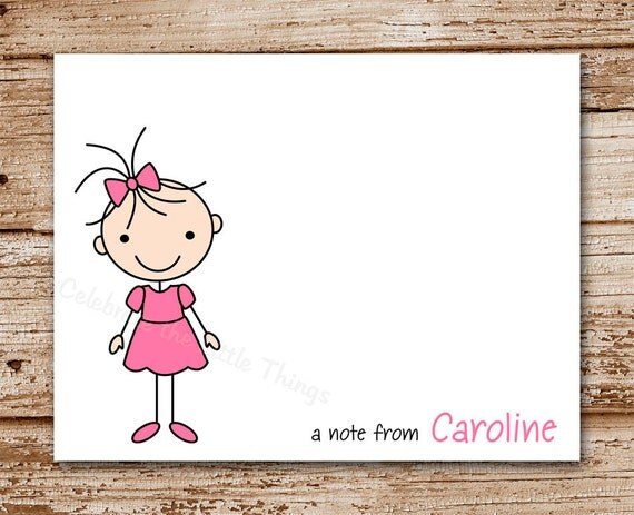 Set of 8 Stick Girl Note Cards | Personalized Stationery | Thank You Notecards | Stick Kids, Figures Il_570xn