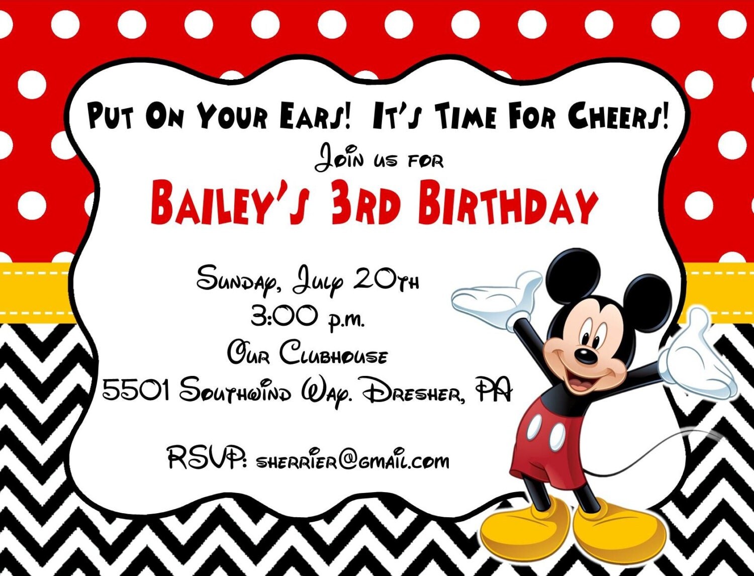 10 PRINTED Mickey Mouse Invitations with Envelopes. Free