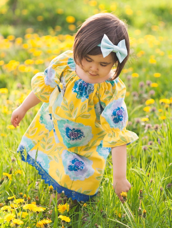 Items similar to Girl's Lovely Yellow Peasant Dress with Big Blue