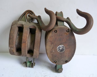 Two Antique wood Block Pulleys Doub le wheel Ship Nautical Boston 