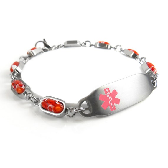 Womens Medical Alert Bracelet Engraved Red Millefiori Glass