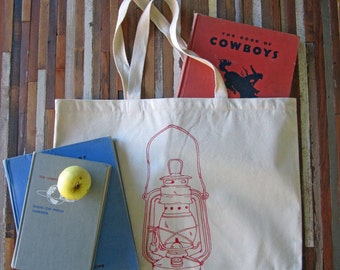 Screen Printed Recycled Cotton Tote Bag - Eco Friendly Grocery Tote - Canvas Tote Bag - Large Tote - Vintage Lantern Book Bag - Handmade